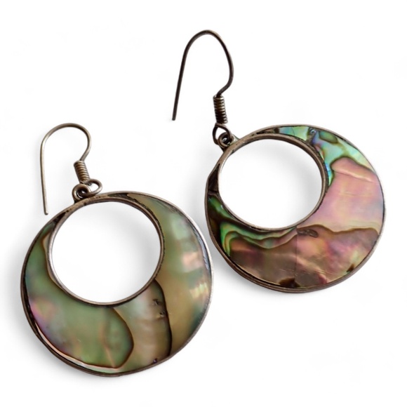Vintage Mexico Alpaca Inlay Abalone Shell Signed Earrings Hoop Dangle Pierced - Picture 7 of 11